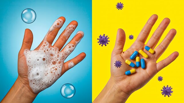 Hand washing and medicine for hygiene and healthcare protection concept