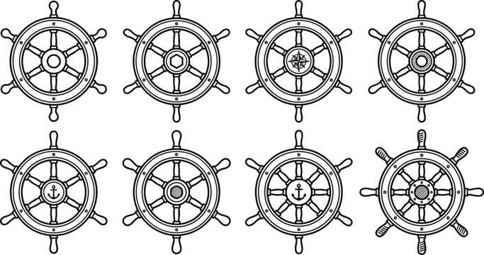 Ship wheel collection, nautical steering icons, maritime helm illustrations, vector outline navigation bundle design