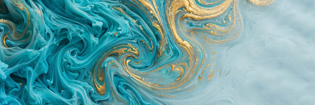 Ink marbling on water surface swirls of turquoise and shimmering gold paint art photo
