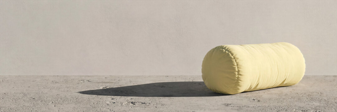 Soft puffy 3d cylinder in pale yellow on grainy concrete floor with hard sunlight shadow photo