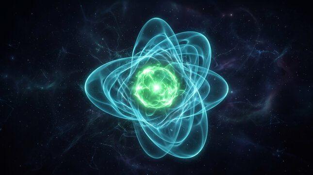 Abstract quantum tunneling concept background with glowing atomic particle nucleus and blue orbits floating in dark outer space cosmic nebula