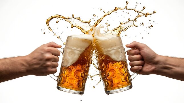 Two beer glasses toasting together. Friends clinking mugs with splashing golden lager.