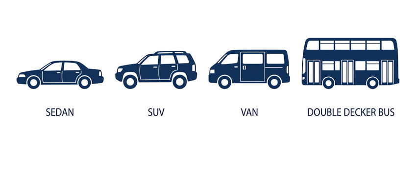 Diverse vehicle types icons: sedan, SUV, van, and double decker bus