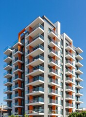 Fototapeta premium Modern apartment building in Barcelona with orange accents, glass balconies. Tall residential architecture features contemporary grey facade under clear blue sky. Urban development offers luxury