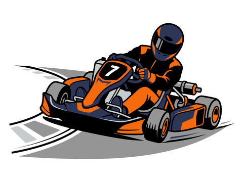 A go-kart aggressively clipping the apex of a racing corner
