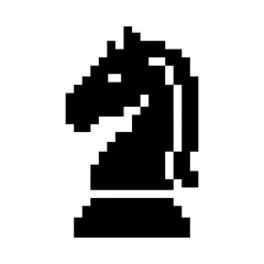 Pixelated black chess knight silhouette isolated on white background, strategy concept © Usop