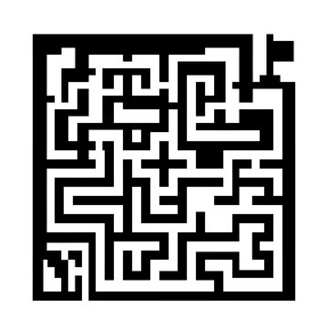 Black maze labyrinth with flag at the end, strategic challenge, complex puzzle solution concept