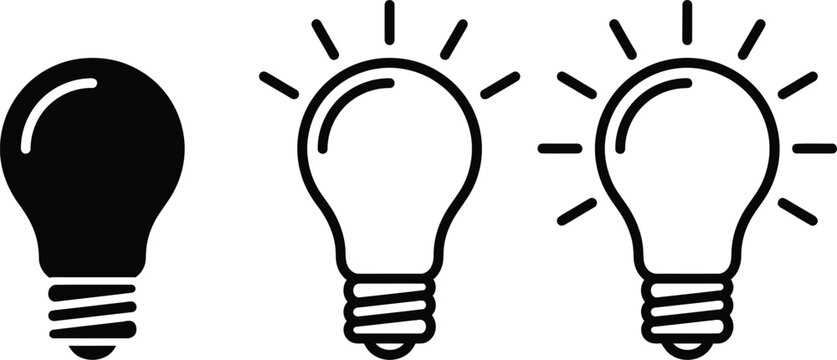 Set of black vector lightbulb icon in different styles isolated on background.