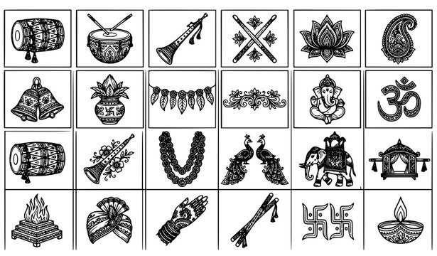 Indian Wedding Musical Symbols Black and White Line Art Vector Clipart Set
