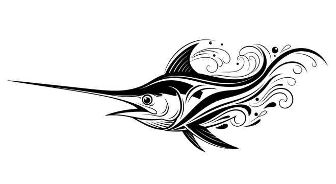 Stylized Marlin Fish with Ocean Waves Tattoo Design