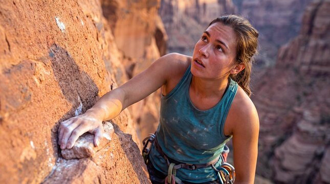 Focused woman rock climbing red sandstone cliff face