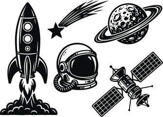 Collection of outer space elements and cosmic exploration technology icons pack. © Mst Insanara Begum