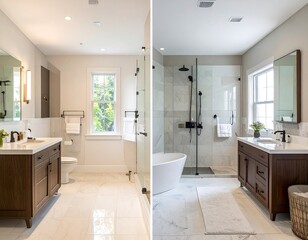 Fototapeta premium A modern bathroom with dual vanities, shower, and bathtub