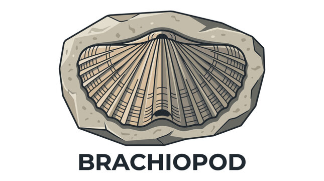 Detailed Illustration of a Prehistoric Brachiopod Shell Fossil Embedded in Ancient Sedimentary Rock Layer