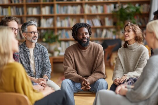 Group therapy session taking place in a warm room with six individuals sitting in a circle sharing thoughts and experiences during a support meeting in the afternoon
