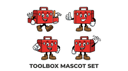 Fototapeta premium Collection of Red Toolbox Cartoon Mascot Characters Performing Various Friendly Gestures and Professional Poses for Construction and Maintenance Themes