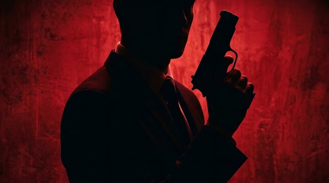 Silhouette of a man holding a gun against a dark red moody background.