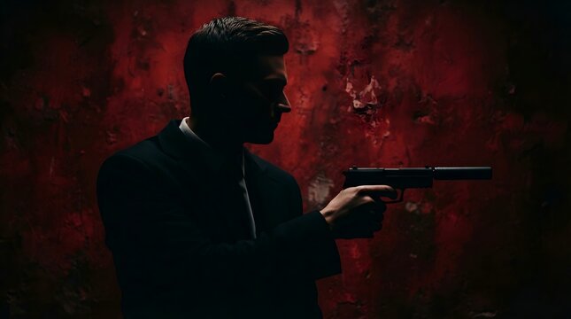 Silhouette of a man in a suit holding a handgun against a dark red textured wall.