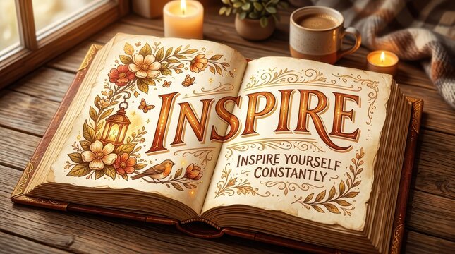 An open antique book displaying the word INSPIRE and motivational quotes, surrounded by cozy elements like candles and coffee.