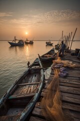 Fototapeta premium Fisherman mends fishing nets on a wooden pier during sunset at a coastal location with fishing boats in the background