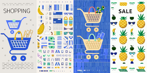 shopping cart and pineapple pattern colorful vector illustration banana sale grocery market retail consumerism buying selling commerce icon graphic design © PabanBiswas