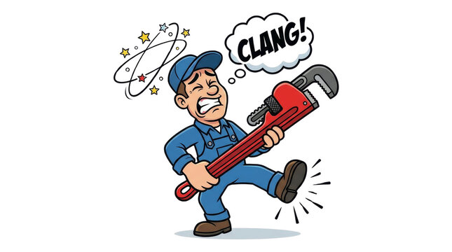 Funny Cartoon Plumber Dropping Heavy Wrench on Foot Illustration