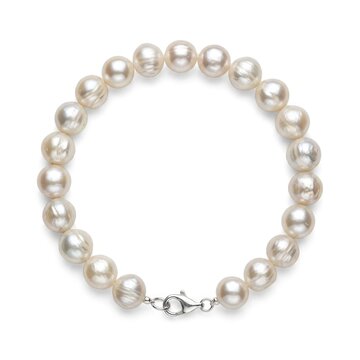 An elegant pearl bracelet with a silver clasp, showcasing the natural luster and beauty of each individual pearl. This timeless accessory exudes sophistication and grace, perfect for any occasion