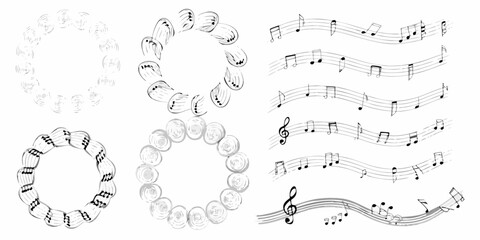 musical notes on staffs in black and white line art music notation clef quavers semiquavers graphic vector illustration sheet song © PabanBiswas