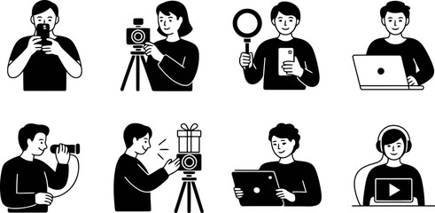 Obraz premium Eight black and white showing people using technology for creation and online communication isolated on transprent background.