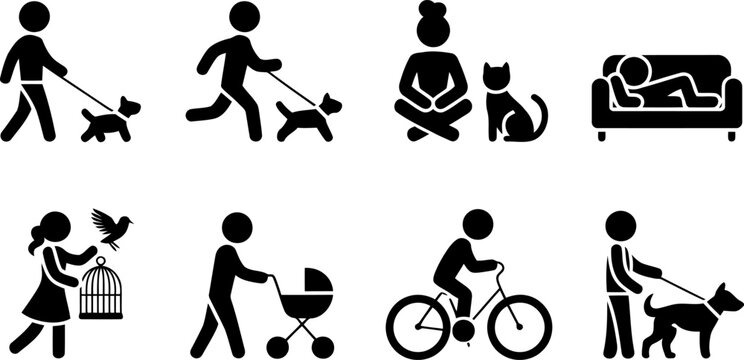 Eight black silhouette figures engaged in various daily life activities isolated on transprent background.