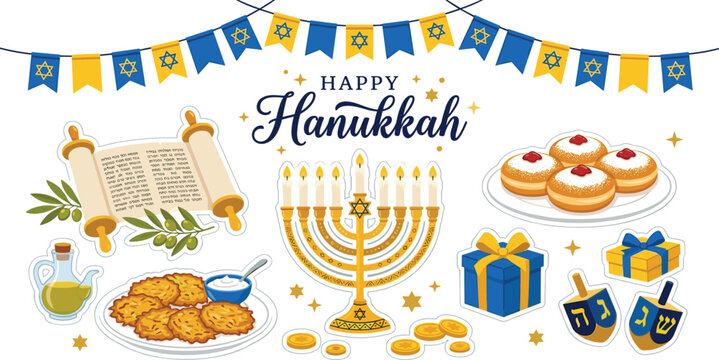 Happy Hanukkah vector illustration set with menorah dreidel torah scroll sufganiyot donuts latkes oil and traditional Jewish holiday elements.
