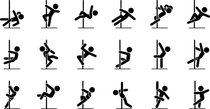 Fifteen black stick figure of people performing various pole dancing poses isolated on transprent background.