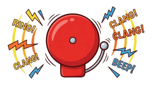 Red Electric Fire Alarm Bell Ringing with Sound Effects Cartoon Illustration
