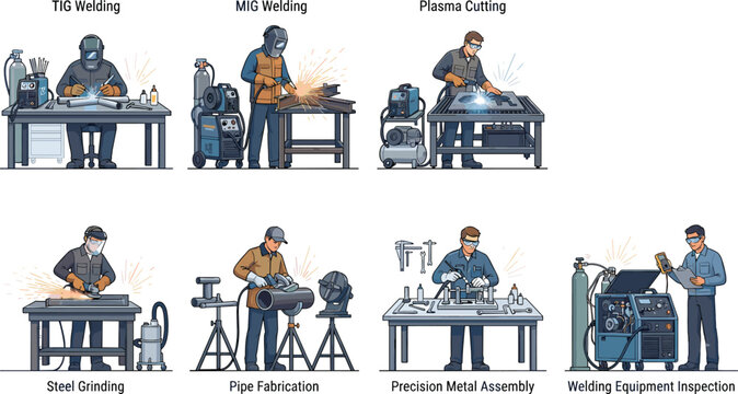 Welding Process Vector Illustration Set Featuring TIG MIG Plasma Cutting and Metal Fabrication Workers