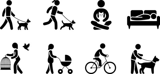 Plakat People walking dogs and relaxing at home with pets and babies isolated on transprent background.