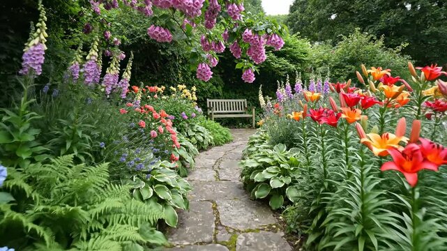 A serene stone path winds through a lush English garden filled with vibrant perennial lilies and blooming foxglove flowers that lead toward a peaceful wooden bench resting under the leafy shade