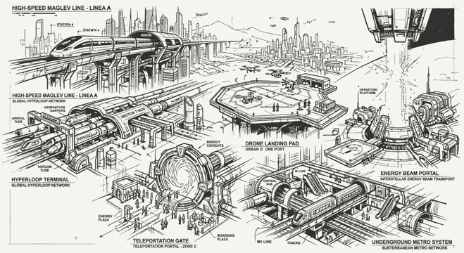 Futuristic Transport Infrastructure Sketches: Maglev Train, Hyperloop Terminal, Drone Landing Pad, Teleportation Gate, Energy Beam Portal, and Underground Metro System Concept.