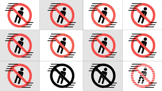 Prohibition signs with stick figures in red circles and black diagonal lines on a white and gray isolated on transprent background.