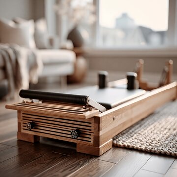 Wooden reformer machine foot bar end in bright living room with natural light, cozy decor, hardwood floor, textured rug, and close detail of metal hardware and leather strap