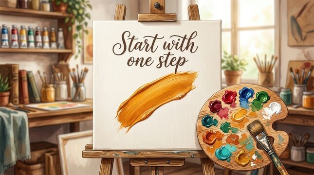 Art studio setup with canvas, easel, and paint palette, inspiring message 'Start with one step'