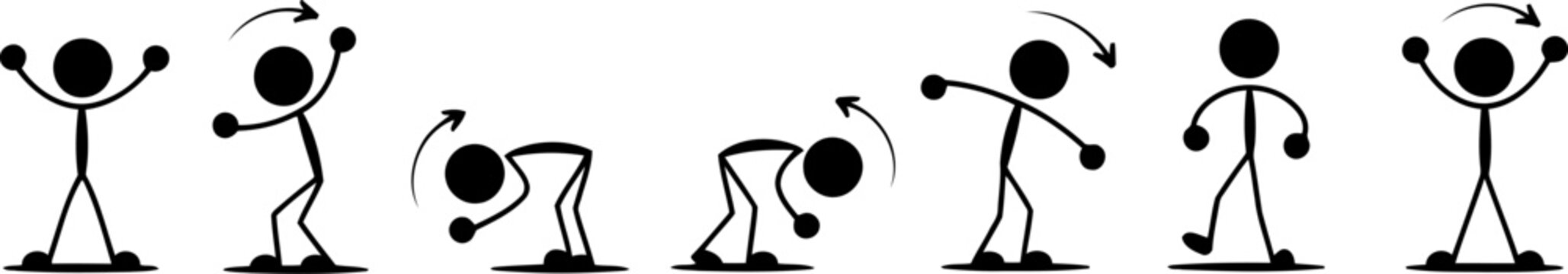 Stick figure sequence showing arm circles and bending motions with curved arrows progression isolated on transprent background.