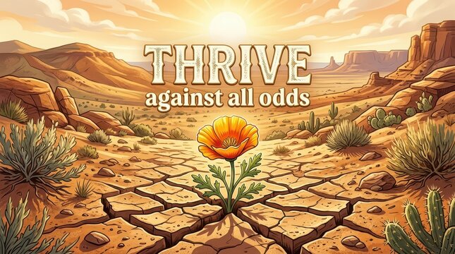 A single orange poppy thrives in a cracked desert landscape under a warm, hazy sun with text "THRIVE against all odds"