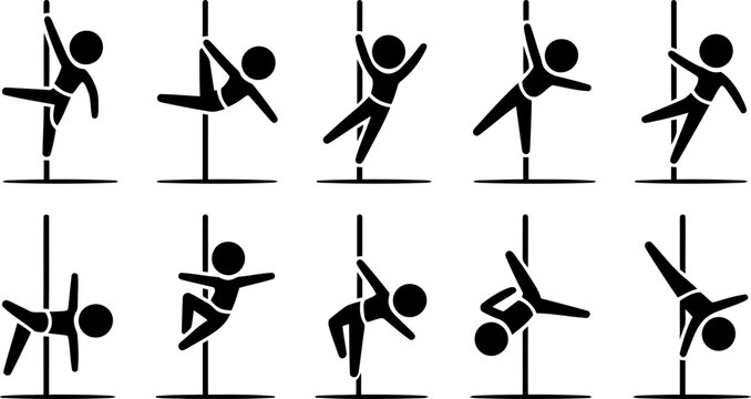 Ten black stick figure of people performing various pole dancing poses isolated on transprent background.
