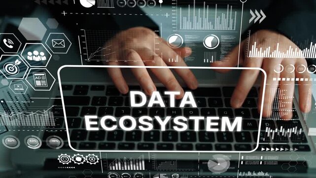 Business professional working on laptop with data ecosystem interface showcasing analytics and technology charts and graphs. Asymptotic smart data analytic.