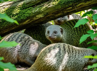 Group of banded mongooses hide under mossy log in green forest. Small wild mammals forage together in nature habitat. Alert animals watch surroundings in foliage. Cute furry creatures rest outdoors © Maryna