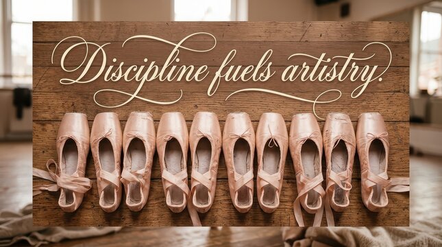 Ballet pointe shoes arranged on a wooden surface with inspirational quote "Discipline fuels artistry"