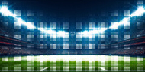 A panoramic football stadium under brilliant floodlights at night, illustrated in a striking halftone pop art style. © El Muhammad