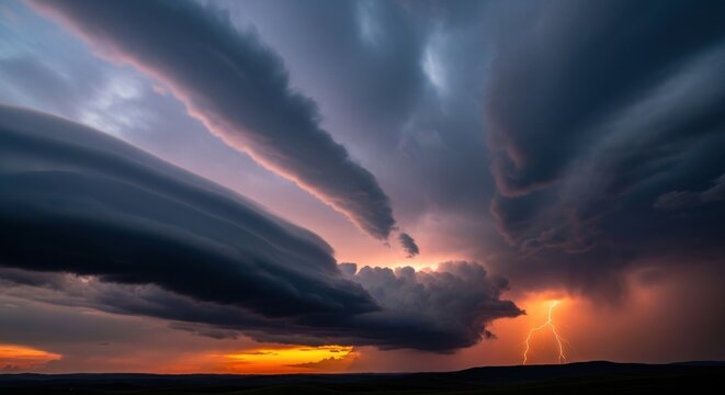 Dramatic Storm Clouds and Lightning at Sunset