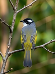 Fototapeta premium Ashy bulbul bird sits on tree branch in green forest environment. Small wild songbird displays grey feathers with yellow wings. Wildlife nature portrait features single avian animal perched outdoors