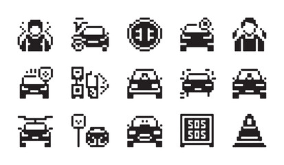 Pixel art car icons set for auto services SOS and driver symbols vector. © MD.RAHIM